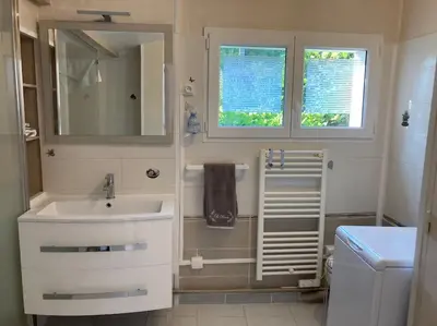 Salle de bains dans l'établissement Gîte COQUELICOT F2 avec piscine et SPA