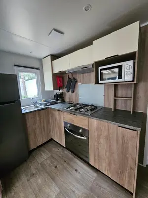 Cuisine ou kitchenette dans l'établissement Jolie Mobil home 103
