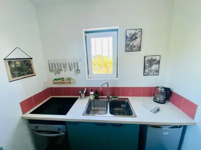 Cuisine ou kitchenette dans l'établissement Cottage poétique entre vignes, Loire et moulin