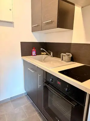 Cuisine ou kitchenette dans l'établissement Appartement 2 pièces tout équipé à 100 m de la plage avec place de parking