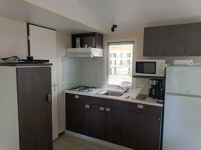 Cuisine ou kitchenette dans l'établissement Mobil-home, 3 ch , 6 personnes 800CR