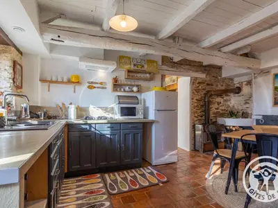 Cuisine ou kitchenette dans l'établissement Charmante maison en Anjou Bleu, 2 pers, terrasse, poêle à bois, équipements bébé, cuisine équipée - FR-1-622-72