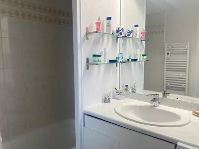 Salle de bains dans l'établissement Appartement duplex face mer avec piscine, quartier Golf, 2 chambres, 2 salles d'eau, parking privé - FR-1-323-513