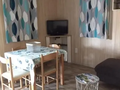 Télévision ou salle de divertissement dans l'établissement Chalet calme 2 chambres avec piscine proche du lac du Jaunay - FR-1-783-20