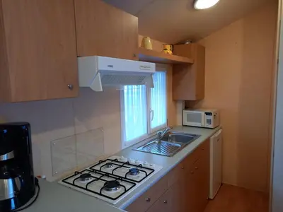 Cuisine ou kitchenette dans l'établissement mobil home camping *** les ollivaud