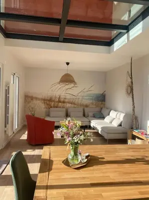 Coin salon dans l'établissement Vue Mer 2 pas des plages 10 pers 4 chambres Villa KER LOT PLAGE