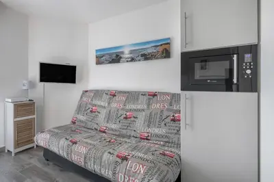 Télévision ou salle de divertissement dans l'établissement Appart avec terrasse et vue mer - 30m de la plage