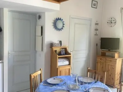 Télévision ou salle de divertissement dans l'établissement Maison accueillante à Saint Jean de Monts avec piscine collective - FR-1-323-553