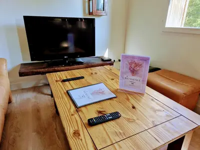 Télévision ou salle de divertissement dans l'établissement Le Pont Haut vue sur Rivière proche Puy du Fou