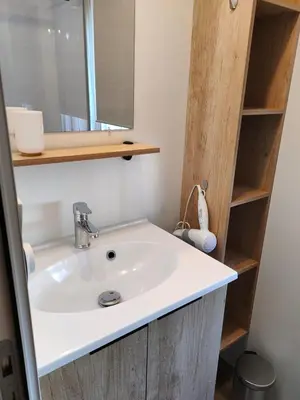Salle de bains dans l'établissement Jolie Mobil Home climatisé 58
