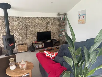 Télévision ou salle de divertissement dans l'établissement Charmante Maison Rénovée Proche Plage et Forêt avec Jardin - FR-1-652-57