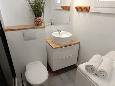 Salle de bains dans l'établissement Maison cosy avec terrasse et accès piscine, Notre-Dame-de-Monts - 4 pers - FR-1-540-316