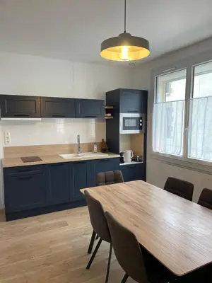 Cuisine ou kitchenette dans l'établissement Appartement terrasse 4 à 6 adultes linge compris Les Epesses 3 min du parc PUY DU F0U