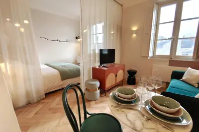Télévision ou salle de divertissement dans l'établissement Magnifique studio avec vue sur les toits du Théatre Graslin et la place