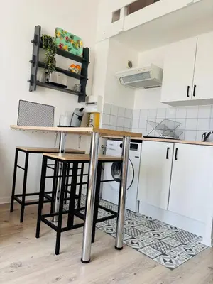 Cuisine ou kitchenette dans l'établissement Duplex cosy neuf - wifi - balcon - en bordure de forêt de pins - proche plage