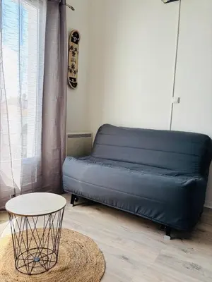 Coin salon dans l'établissement Duplex cosy neuf - wifi - balcon - en bordure de forêt de pins - proche plage