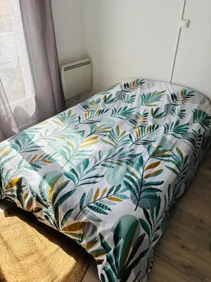 Un ou plusieurs lits dans un hébergement de l'établissement Duplex cosy neuf - wifi - balcon - en bordure de forêt de pins - proche plage