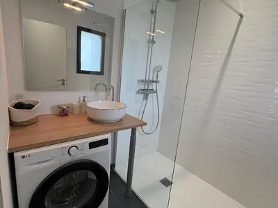 Salle de bains dans l'établissement Studio Jungle avec terrasse et piscine chauffée près de Nantes - FR-1-306-1304