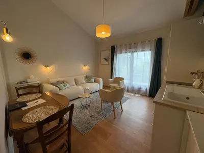 Coin salon dans l'établissement Studio Jungle avec terrasse et piscine chauffée près de Nantes - FR-1-306-1304