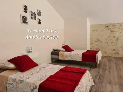 Un ou plusieurs lits dans un hébergement de l'établissement La Tremblaie Grange rénovée avec vue campagne - 10 min du Puy duFou
