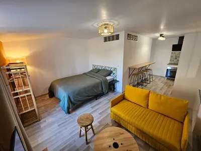 Un ou plusieurs lits dans un hébergement de l'établissement Appartement Bohème 4 personnes à 12 min du Puy du Parc