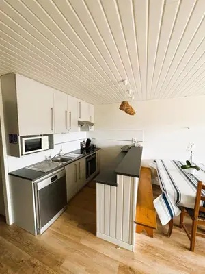 Cuisine ou kitchenette dans l'établissement Plage et centre à 100m avec balcon et parking privé 4 pers