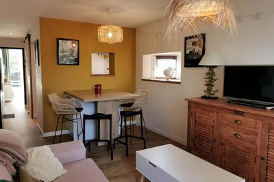 Télévision ou salle de divertissement dans l'établissement Appartement T2 avec jardin proche plage