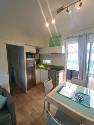 Cuisine ou kitchenette dans l'établissement Mobilhome 2 sdb, barbecue, proche mer, piscine