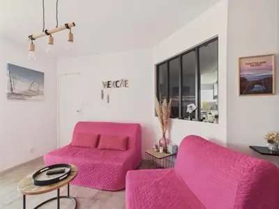 Coin salon dans l'établissement 20 m de la plage, appart pour 4, terrasse