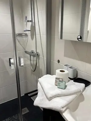 Salle de bains dans l'établissement Bel appartement à 100m de la plage avec parking privé