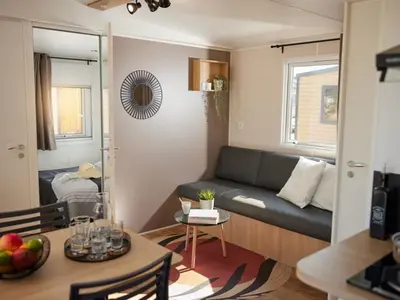 Coin salon dans l'établissement Mobil-home confortable avec 2 chambres et cuisine équipée - API-1-52-481