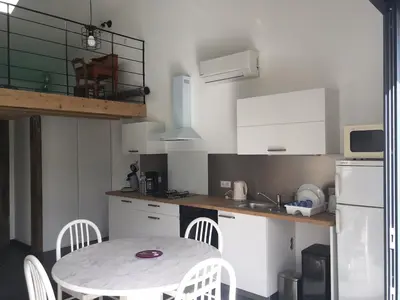 Cuisine ou kitchenette dans l'établissement Maisonnette climatisé avec terrasse et jardin