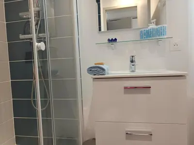 Salle de bains dans l'établissement Maisonnette cosy à La Barre de Monts - 4 pers, parking - FR-1-540-326