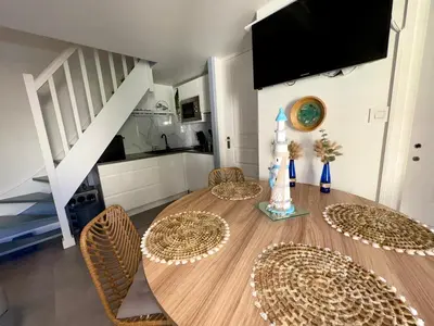 Télévision ou salle de divertissement dans l'établissement Maison cosy 4 pers avec terrasse au calme - FR-1-323-594