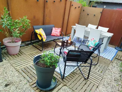 Terrasse ou espace extérieur de l'établissement Layon cottage with shared pool