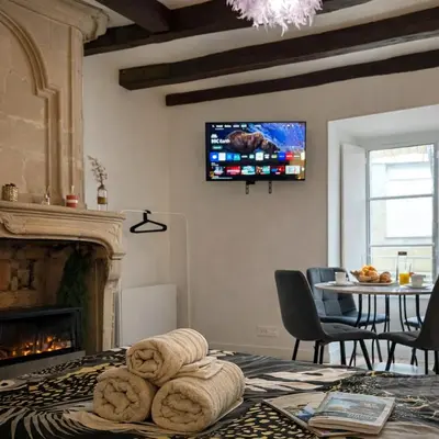 Télévision ou salle de divertissement dans l'établissement Studio de charme avec cheminée décorative