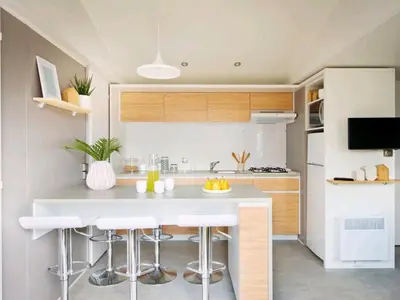 Cuisine ou kitchenette dans l'établissement Mobil-home avec terrasse à La Bernerie-en-Retz - API-1-52-1421
