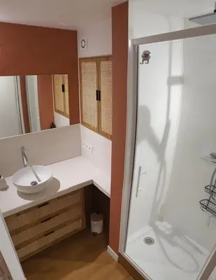 Salle de bains dans l'établissement Les fruitiers de la Sulpiciere la vigne