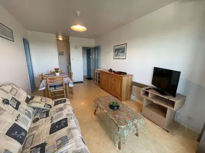 Télévision ou salle de divertissement dans l'établissement Appartement cosy proche plage avec balcon et vue mer - FR-1-224C-48