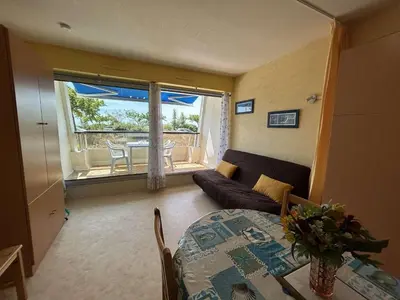Coin salon dans l'établissement Charmant studio rénové à 50m de la plage avec terrasse et parking - FR-1-224C-82