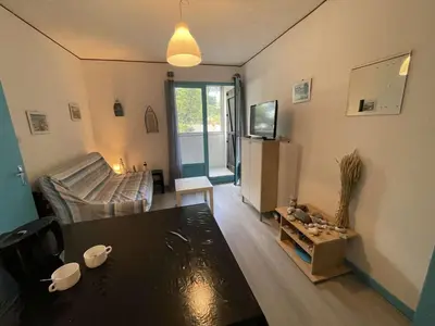 Télévision ou salle de divertissement dans l'établissement Appartement cosy 2 pièces à 200m de la plage, Saint-Hilaire-de-Riez - 4 couchages, parking, TV, WiFi - FR-1-224C-294