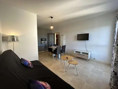 Télévision ou salle de divertissement dans l'établissement Bel appartement avec parking près de la plage, 2 pièces, 4 personnes - FR-1-224C-544