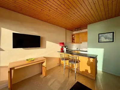 Télévision ou salle de divertissement dans l'établissement Appartement 1 chambre, 4 pers, parking privé, face mer, école de voile - FR-1-323-103