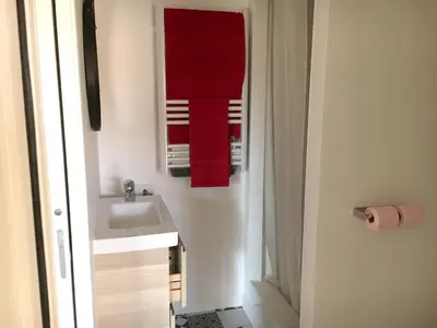 Salle de bains dans l'établissement Appartement cosy à Saint-André-des-Eaux de 47 m² avec jardin