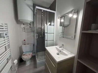 Salle de bains dans l'établissement Studio rénové, 2 couchages, mer, commerces, 6e étage, TV, balcon, animaux admis - FR-1-224C-138