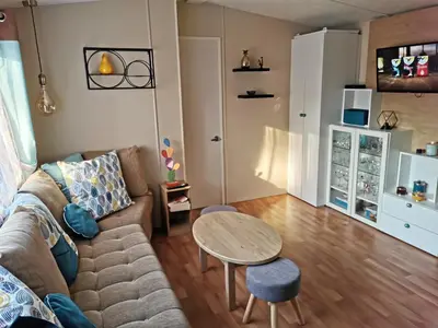 Coin salon dans l'établissement Camping les Bois Mobil home Grand Luxe 3ch 2sdb