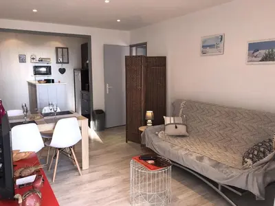Coin salon dans l'établissement Charmant T2 rénové, 4 couchages, parking privé, 200m plage, balcon, meublé tourisme 2 étoiles - FR-1-224C-179