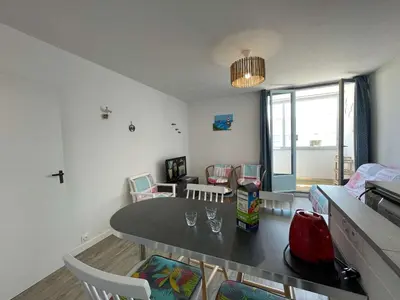 Télévision ou salle de divertissement dans l'établissement Appartement rénové à neuf, 4 couchages, balcon ensoleillé, parking privé, proche plage et commerces - FR-1-224C-173