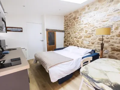 Un ou plusieurs lits dans un hébergement de l'établissement Studio rénové avec terrasse privée en bord de Sèvre - Mortagne-sur-Sèvre - FR-1-426-484