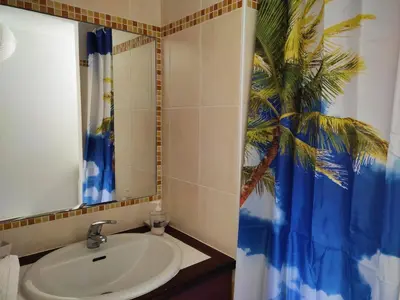 Salle de bains dans l'établissement Maison avec piscine chauffée, à 500m de la plage et proche forêt - Terrasse, vélos inclus - FR-1-652-3